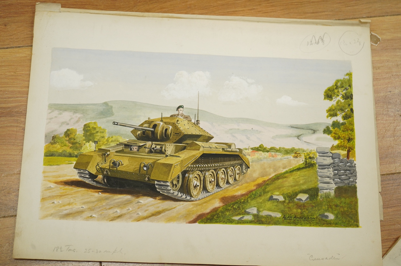 Alan Anderson, set of eight original WWII watercolours for postcard designs, Military vehicles to include ‘Cromwell Tank’, Matilda Infantry Tank’, ‘Churchill Heavy Infantry Tank’ and ‘Crusader Tank’, each with original c
